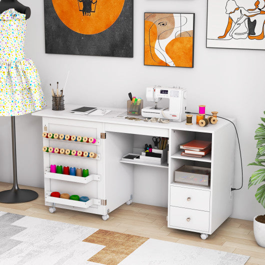 Folding Sewing Table with Charging Station and Storage Shelves-White