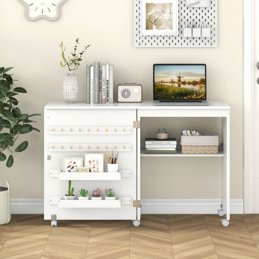 Folding Sewing Table with Storage Shelf and 5 Lockable Wheel-White