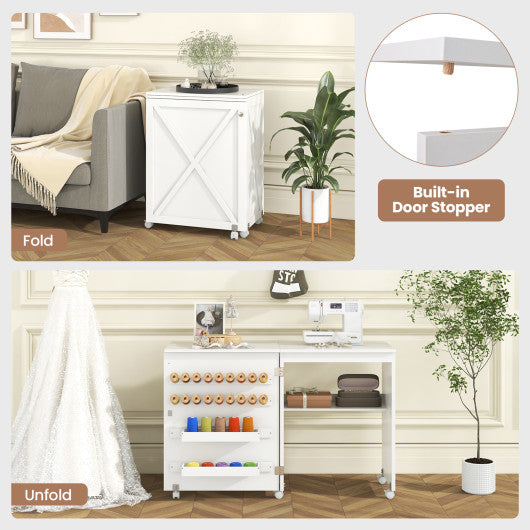 Folding Sewing Table with Storage Shelf and 5 Lockable Wheel-White
