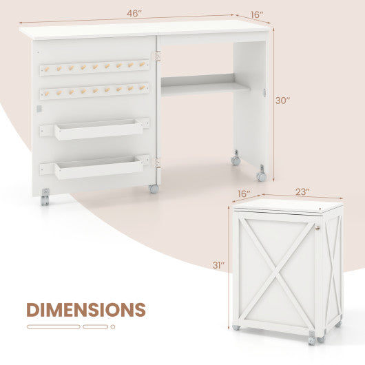 Folding Sewing Table with Storage Shelf and 5 Lockable Wheel-White