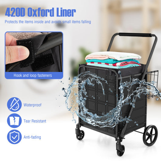 Folding Shopping Cart with Waterproof Liner Wheels and Basket-Black