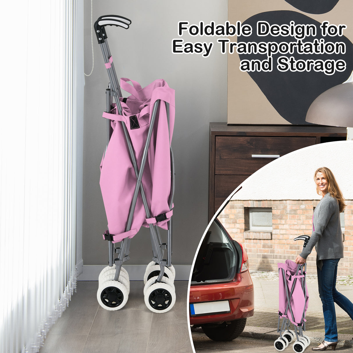 Folding Shopping Utility Cart with Water-Resistant Removable Canvas Bag-Pink