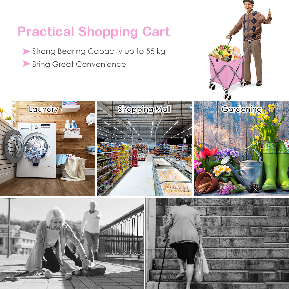 Folding Shopping Utility Cart with Water-Resistant Removable Canvas Bag-Pink