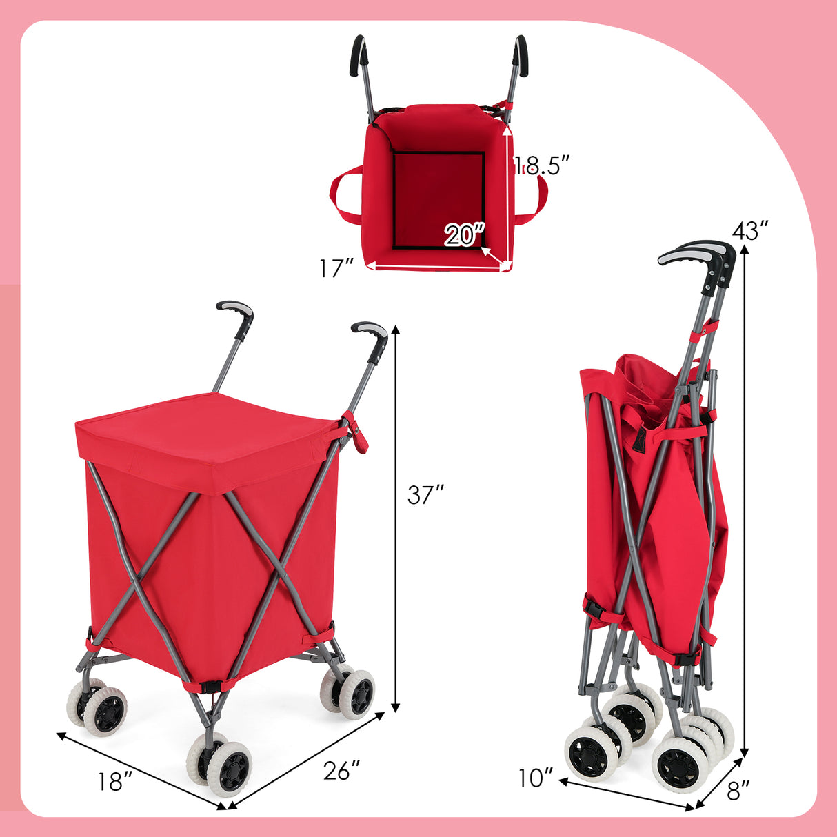 Folding Shopping Utility Cart with Water-Resistant Removable Canvas Bag-Red