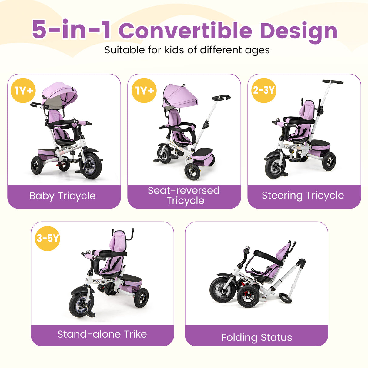Folding Tricycle Baby Stroller with Reversible Seat and Adjustable Canopy-Pink