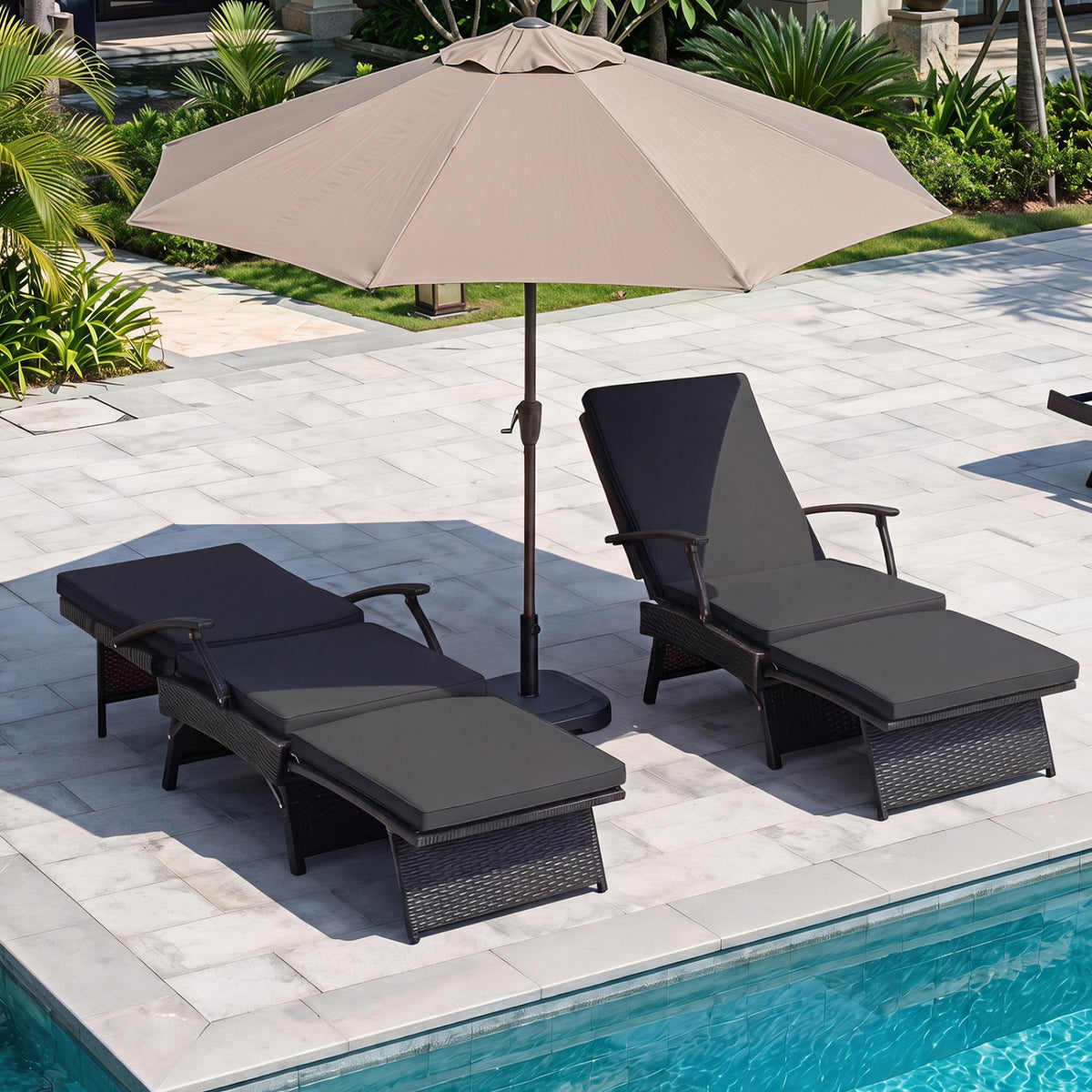Folding Wicker Chaise Lounge with Slide-Out Ottoman11-Level Adjustable Backrest to Flat and Sun-Proof PE Rattan-Black