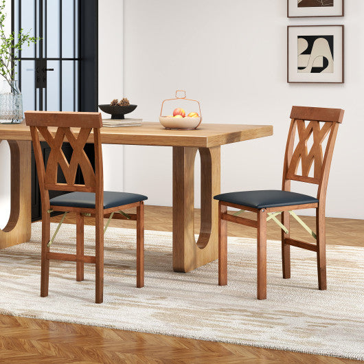 Folding Wooden Dining Chair Set of 2 Faux Leather Upholstered Kitchen Armless Chairs-Walnut