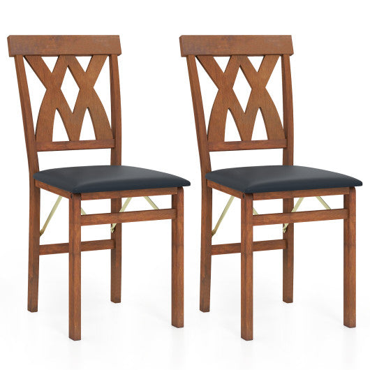 Folding Wooden Dining Chair Set of 2 Faux Leather Upholstered Kitchen Armless Chairs-Walnut