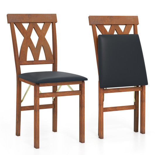 Folding Wooden Dining Chair Set of 2 Faux Leather Upholstered Kitchen Armless Chairs-Walnut