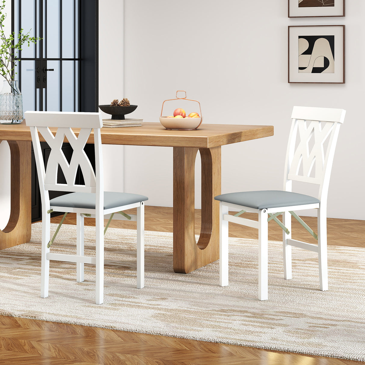 Folding Wooden Dining Chair Set of 2 Faux Leather Upholstered Kitchen Armless Chairs-White