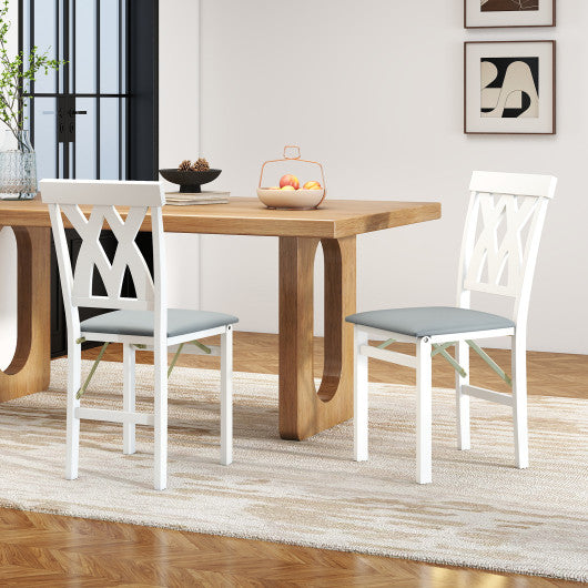 Folding Wooden Dining Chair Set of 2 Faux Leather Upholstered Kitchen Armless Chairs-White