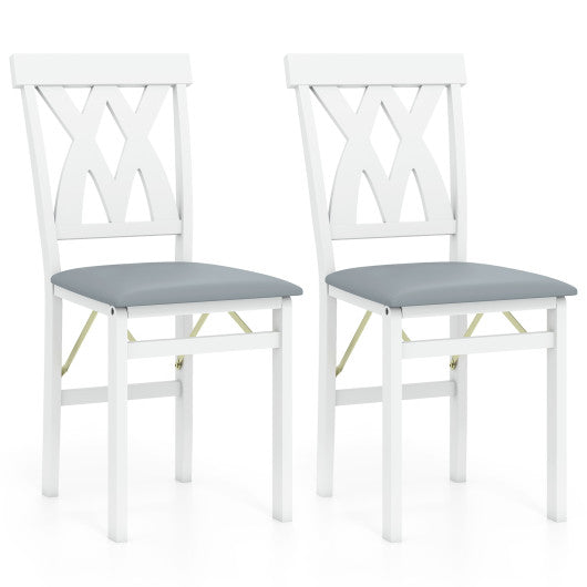 Folding Wooden Dining Chair Set of 2 Faux Leather Upholstered Kitchen Armless Chairs-White
