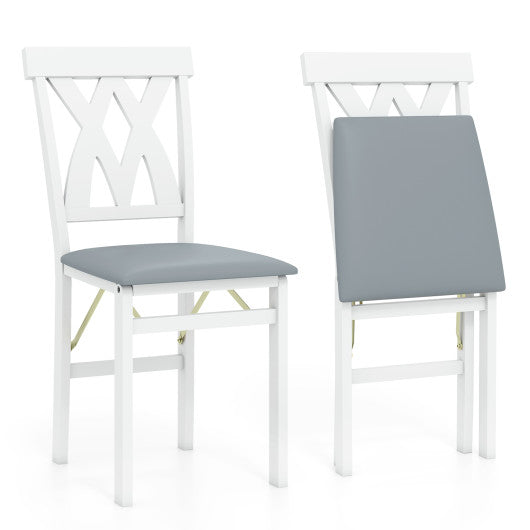 Folding Wooden Dining Chair Set of 2 Faux Leather Upholstered Kitchen Armless Chairs-White