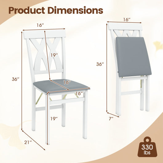 Folding Wooden Dining Chair Set of 2 Faux Leather Upholstered Kitchen Armless Chairs-White