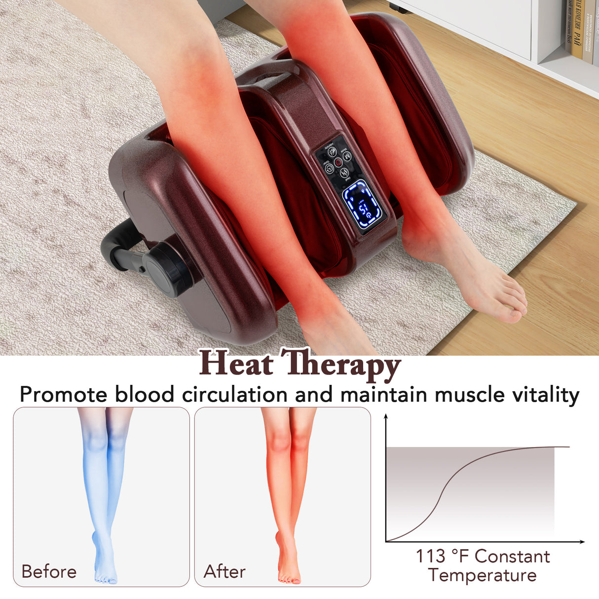 Foot and Calf Massager with Heat Shiatsu Deep Kneading Rolling Smart Electric Leg Massager-Red