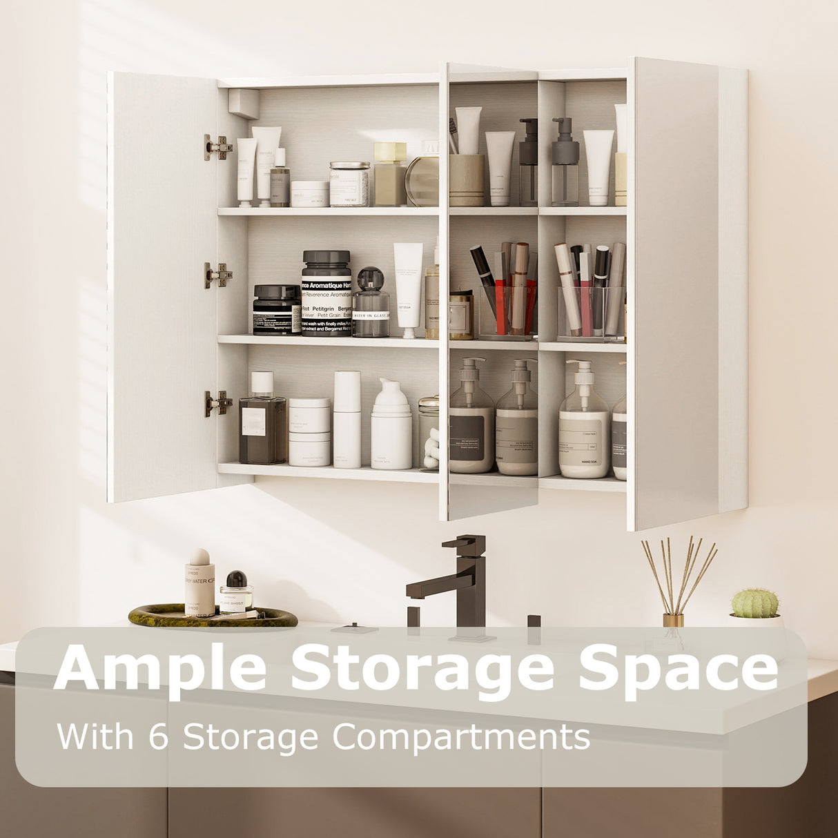 Frameless Bathroom Wall Mounted Mirror Cabinet with 3 Doors