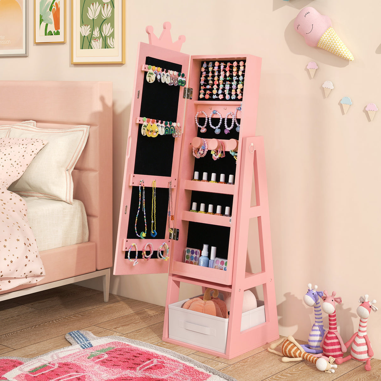Free-Standing Full Length Kids Jewelry Armoire Cabinet with Storage Capacity-Pink