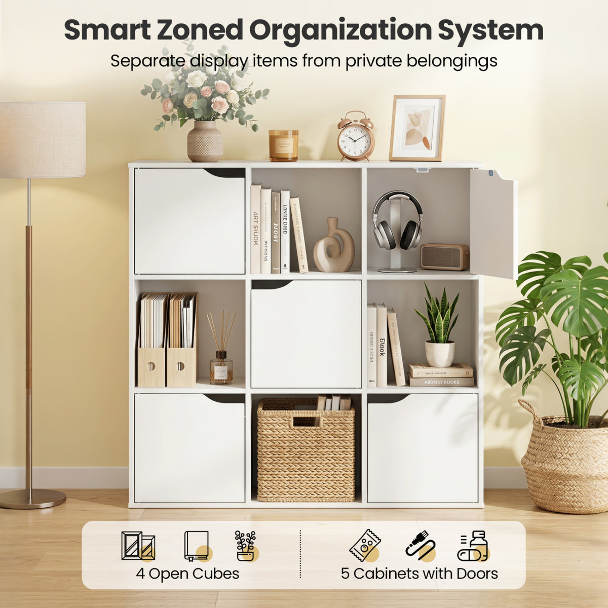 Free Standing 9 Cube Storage Wood Divider Bookcase for Home and Office-White