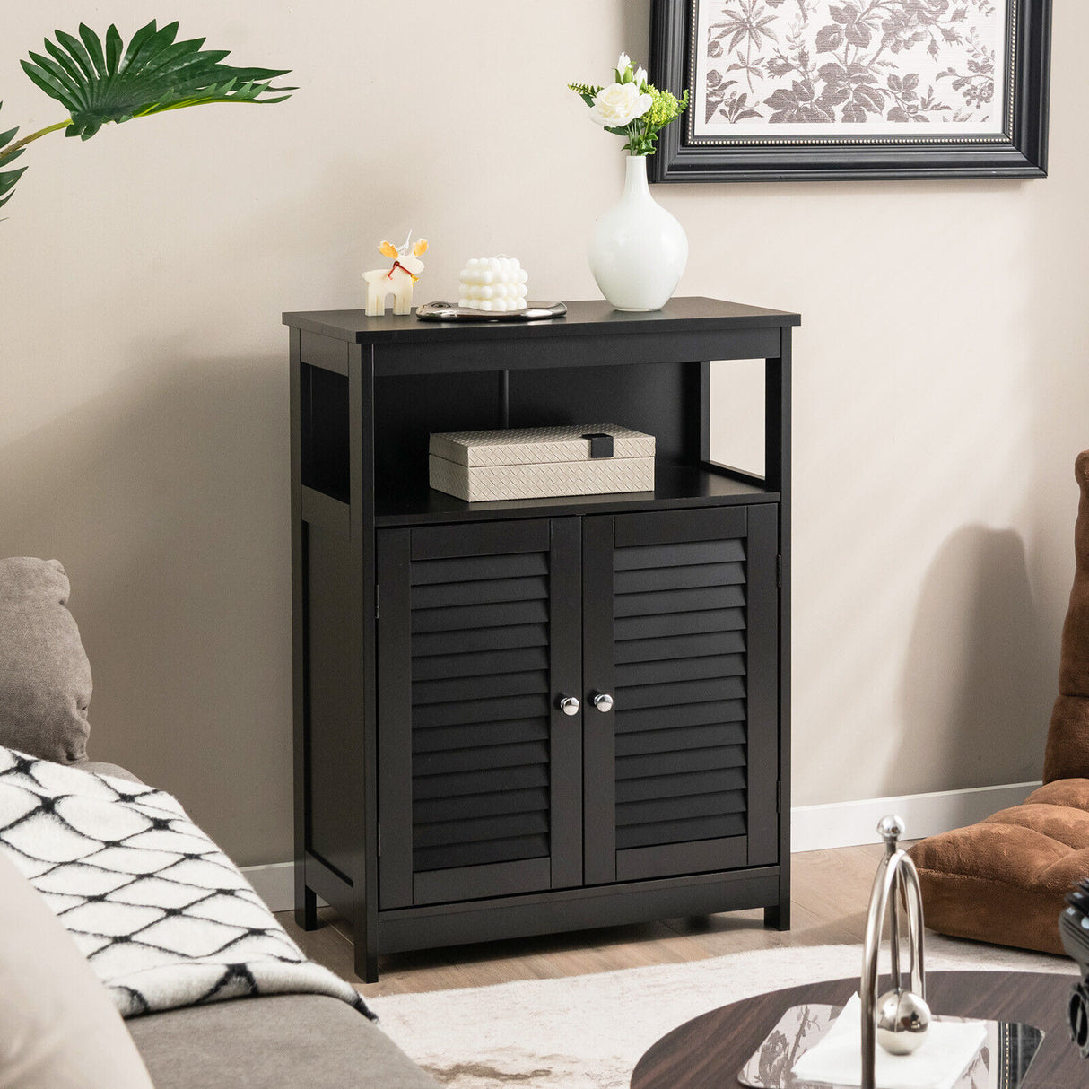 Wood Freestanding Bathroom Storage Cabinet with Double Shutter Door-White