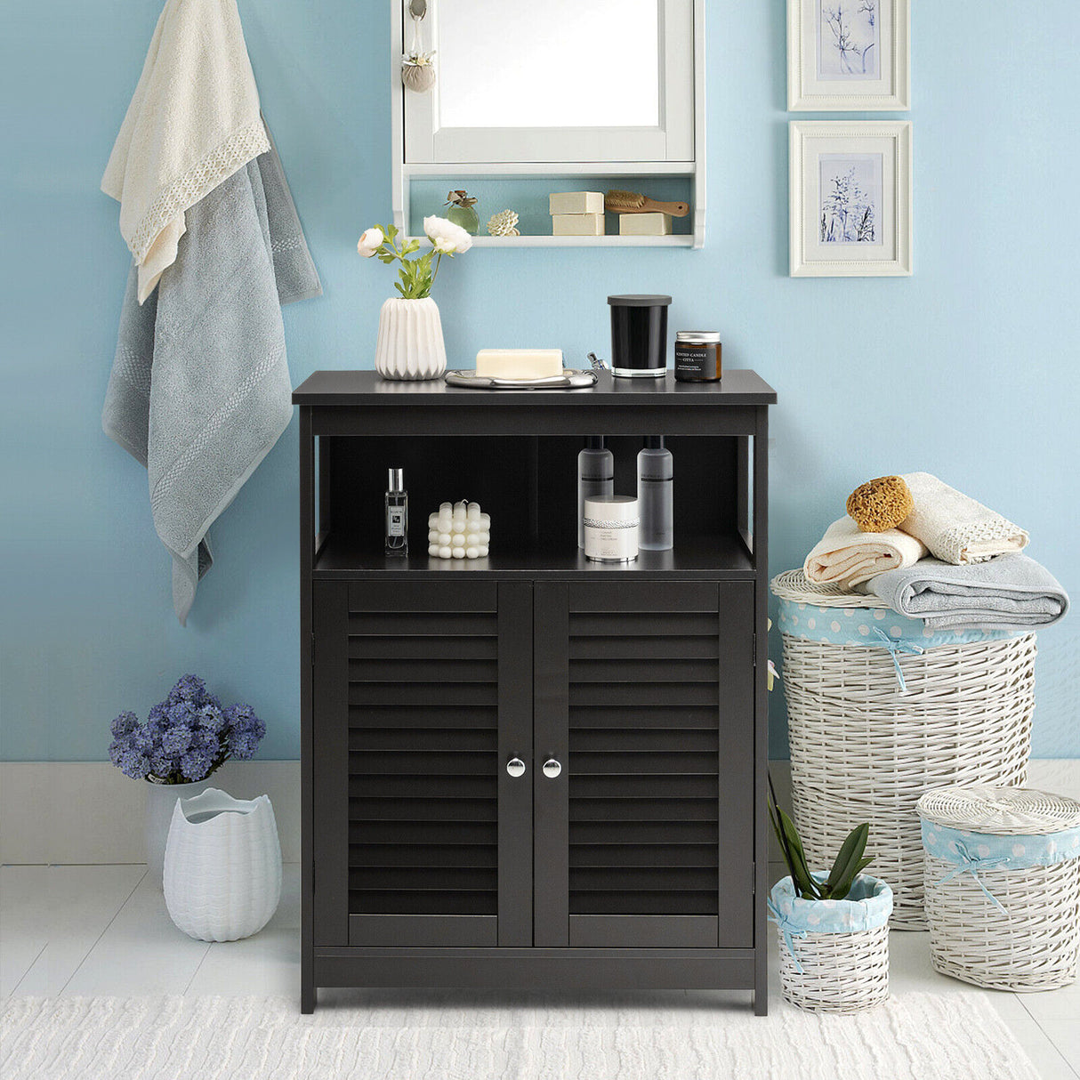 Wood Freestanding Bathroom Storage Cabinet with Double Shutter Door-White