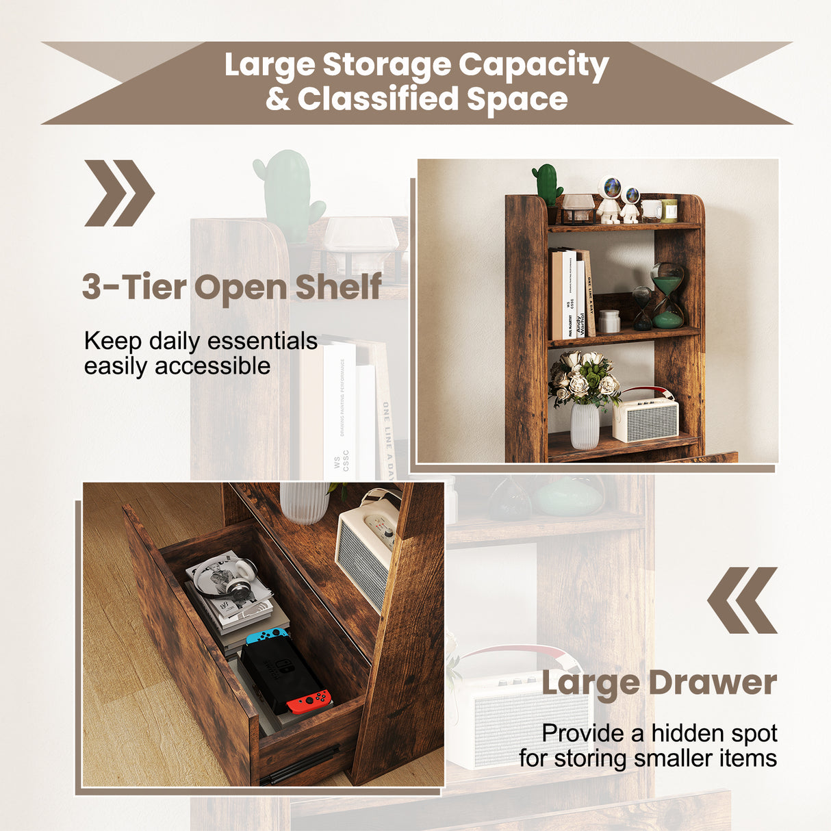 Freestanding Bookshelf with 3-Tier Open Shelf-Rustic Brown