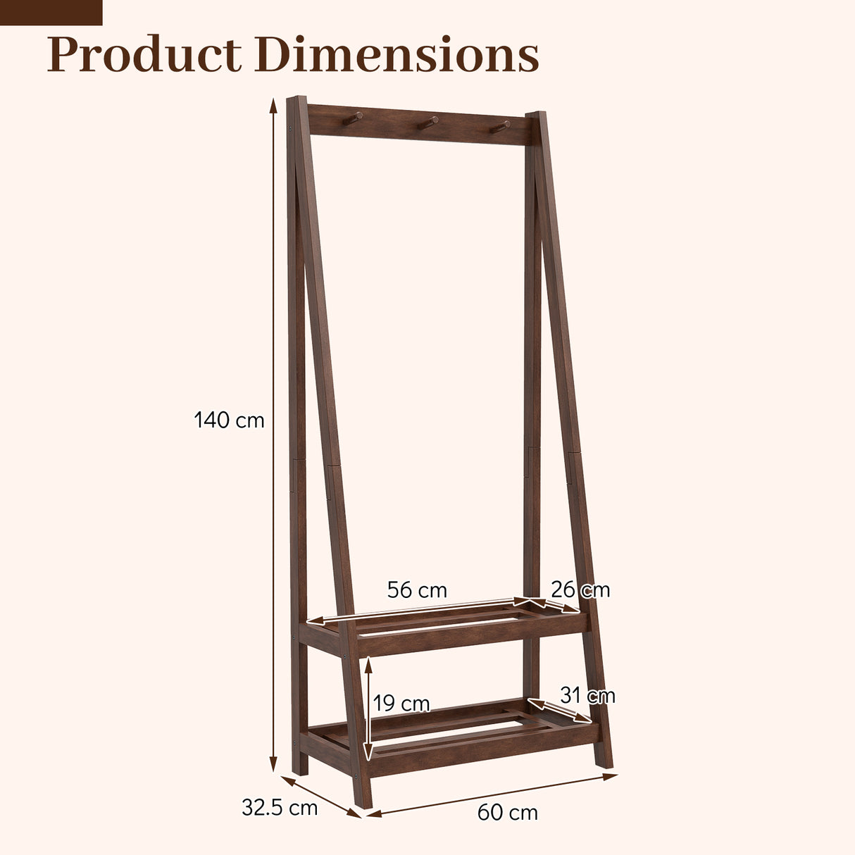 Freestanding Clothes Rack with 3 Hooks and 2 Shelves-Walnut