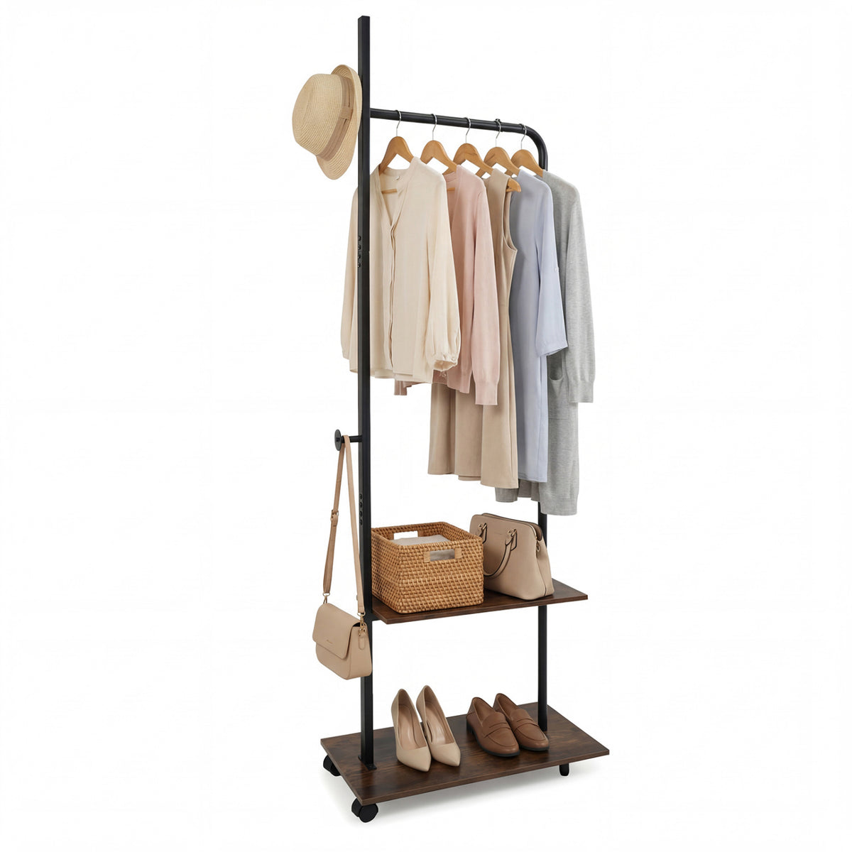 Freestanding Clothing Rack with Wheels and Storage Shelves for Entryway and Bedroom-Rustic Brown