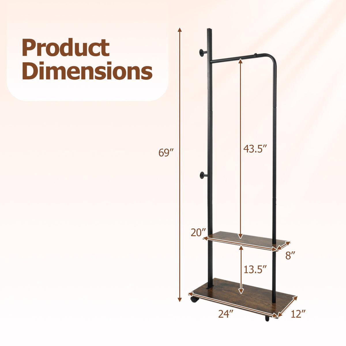 Freestanding Clothing Rack with Wheels and Storage Shelves for Entryway and Bedroom-Rustic Brown
