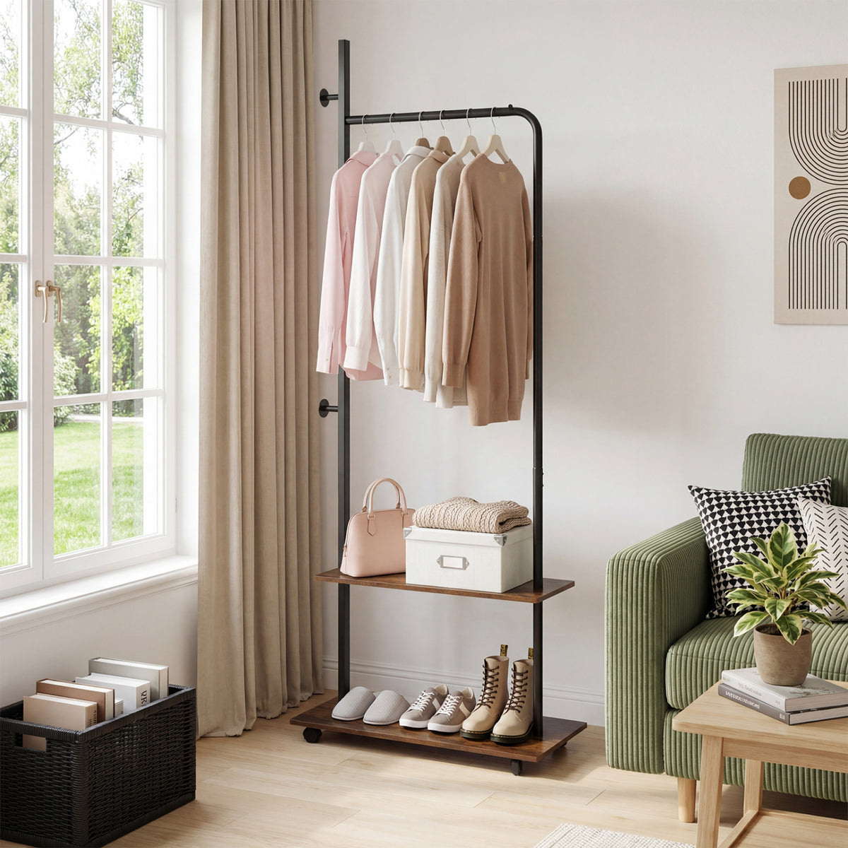 Freestanding Clothing Rack with Wheels and Storage Shelves for Entryway and Bedroom-Rustic Brown