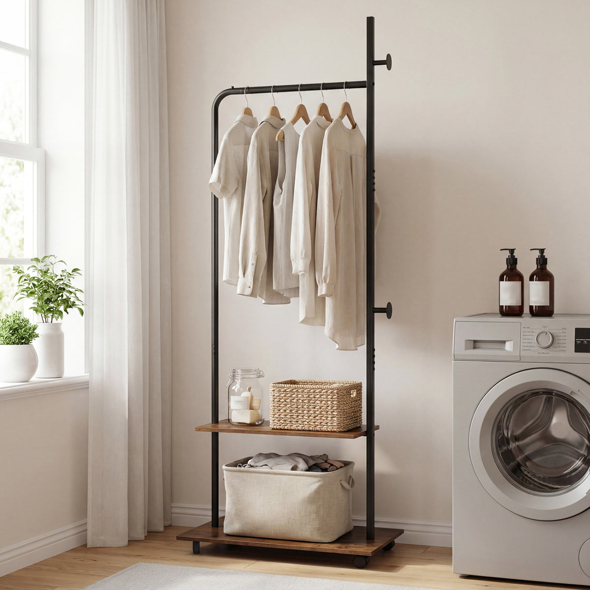 Freestanding Clothing Rack with Wheels and Storage Shelves for Entryway and Bedroom-Rustic Brown