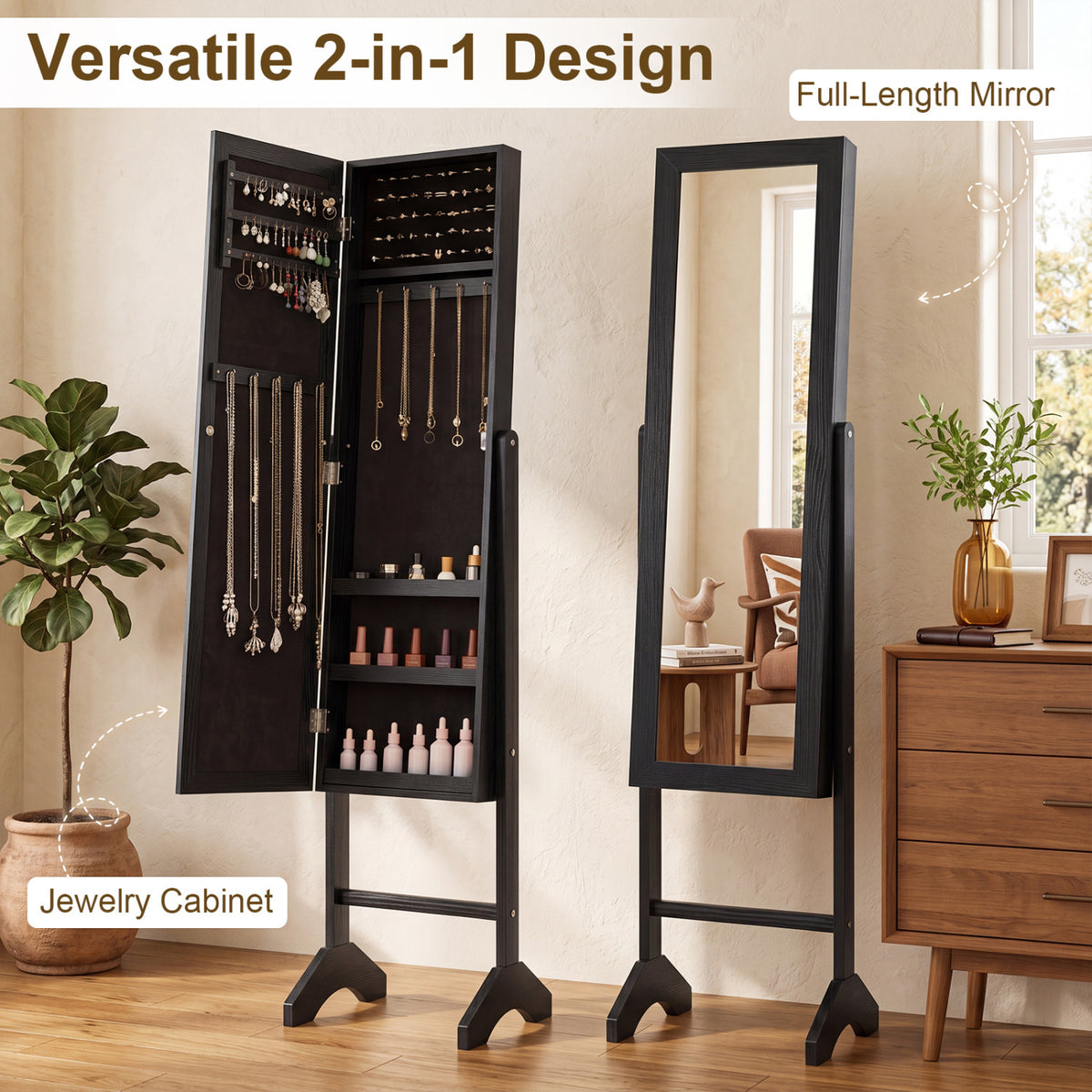 Freestanding Jewelry Armoire with Velvet Lining and Full Length Mirror-Black