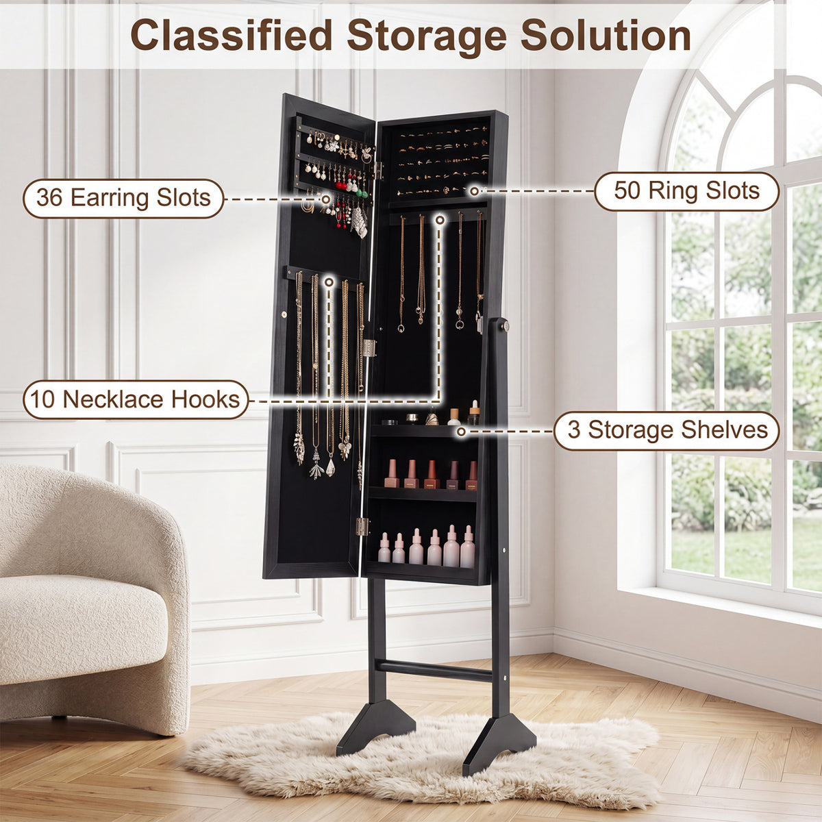Freestanding Jewelry Armoire with Velvet Lining and Full Length Mirror-Black