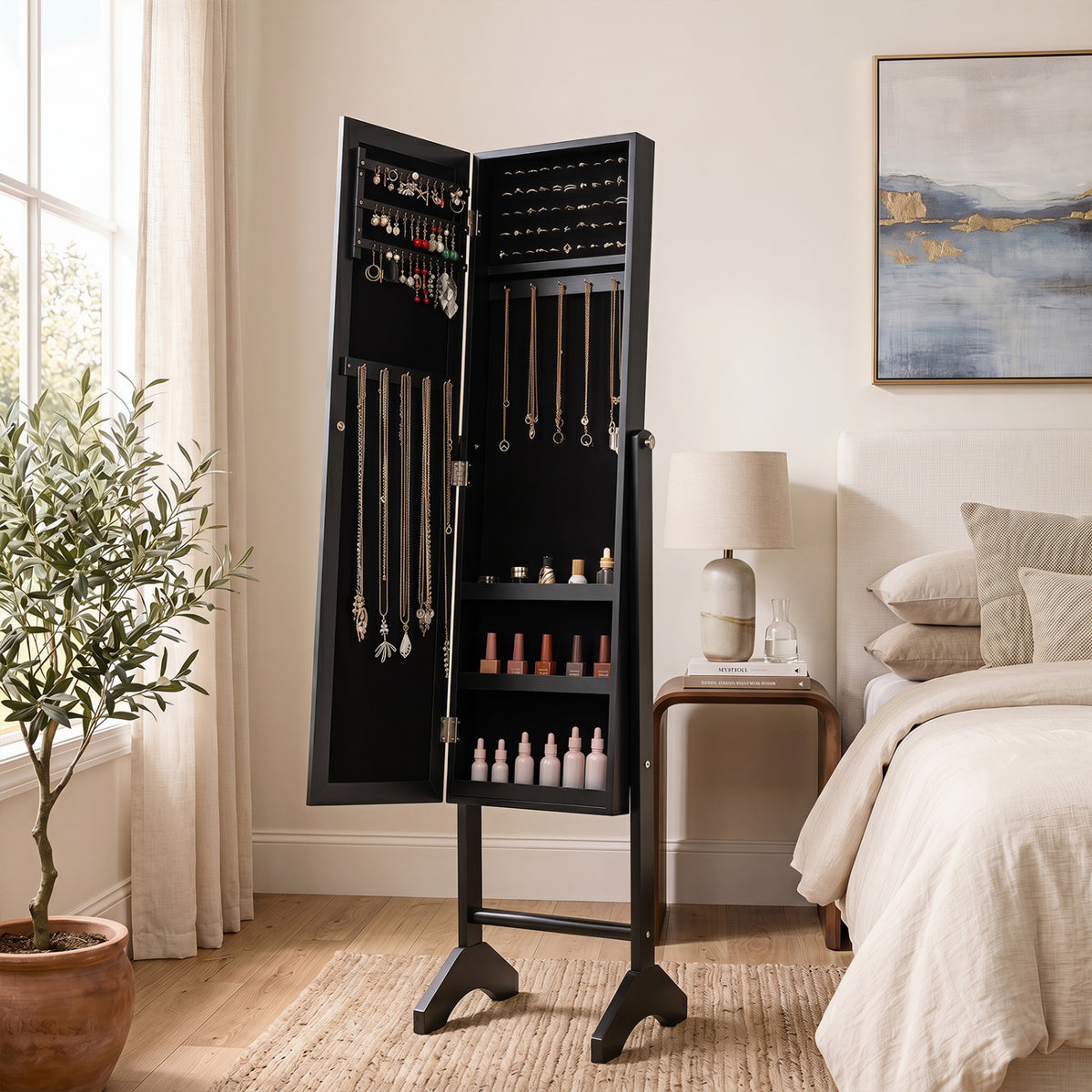 Freestanding Jewelry Armoire with Velvet Lining and Full Length Mirror-Black
