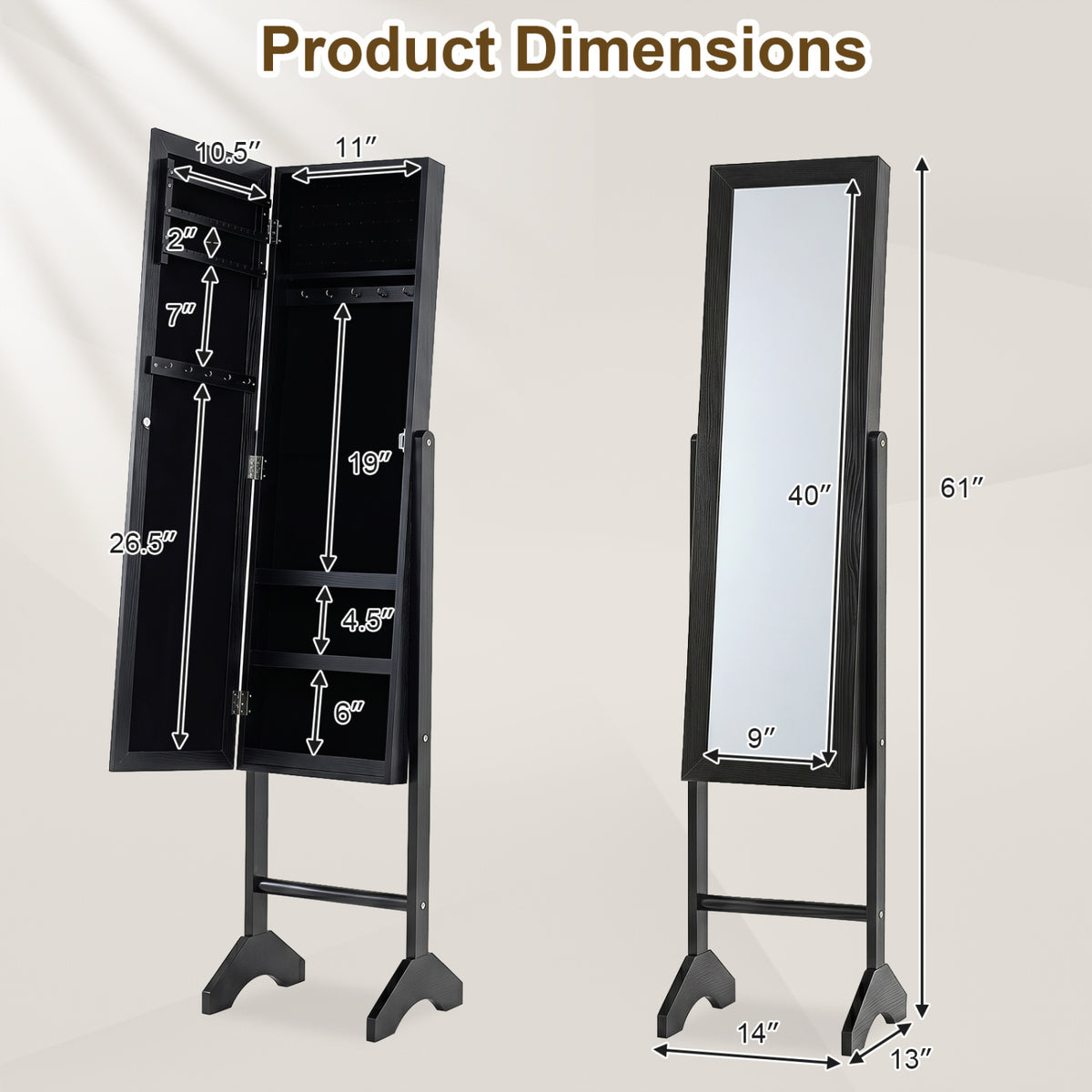 Freestanding Jewelry Armoire with Velvet Lining and Full Length Mirror-Black