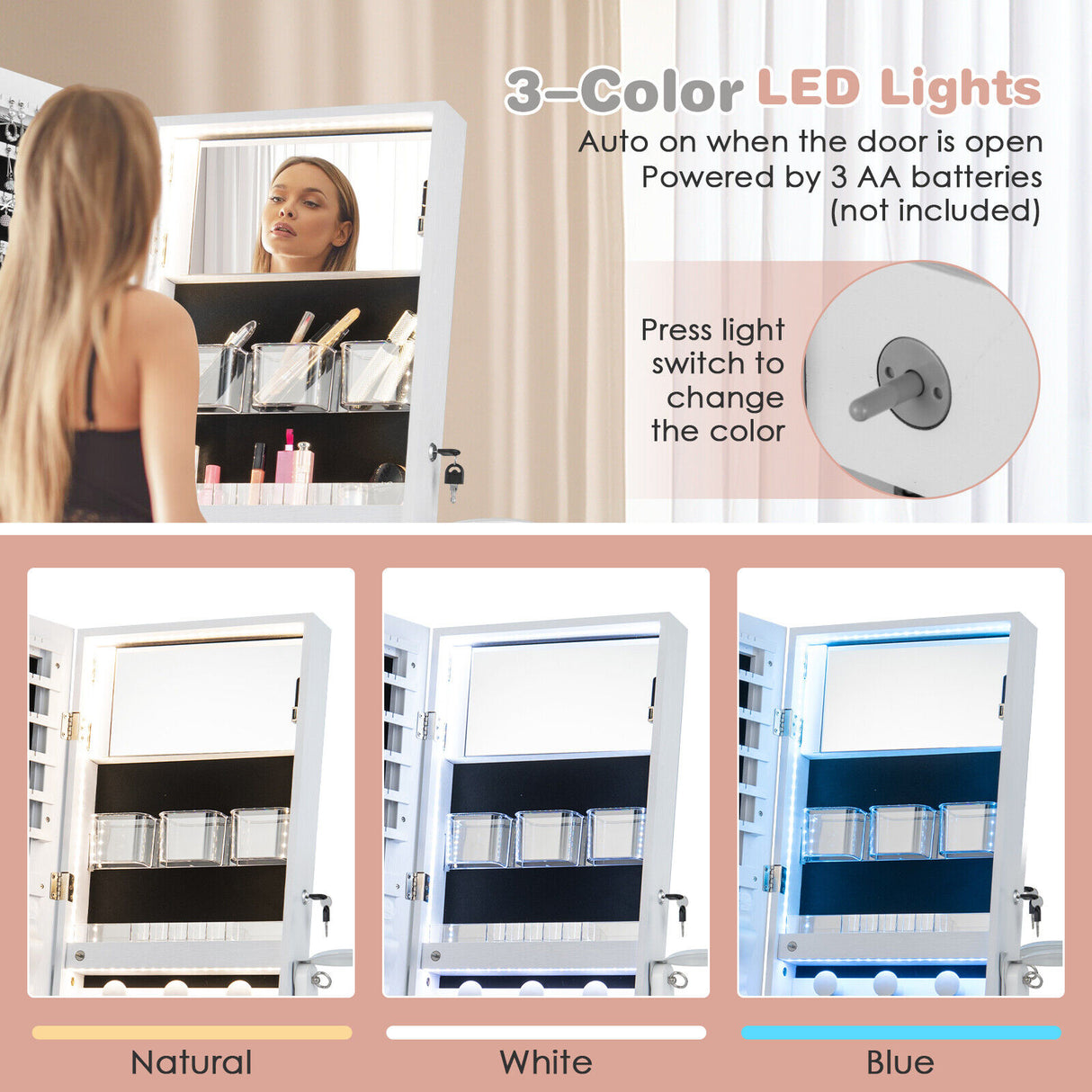 Freestanding Jewelry Cabinet with Full Length HD Mirror-White