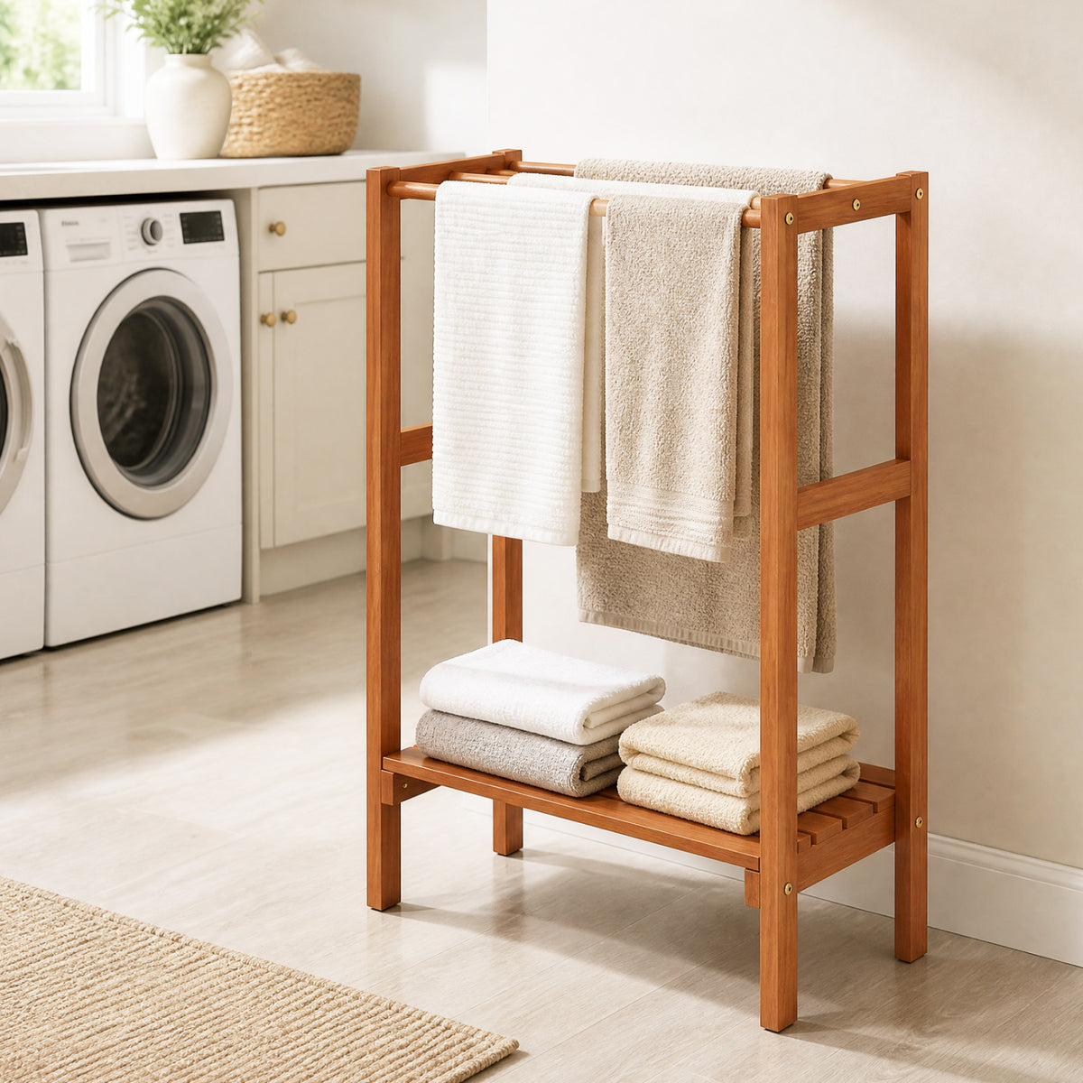 Freestanding Towel Rack with 3 Hanging Bars & Bottom Shelf for Bathroom Laundry