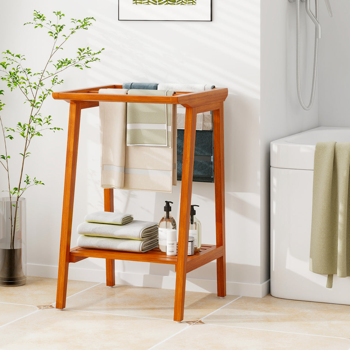 Freestanding Towel Rack with Storage Shelf for Bathroom