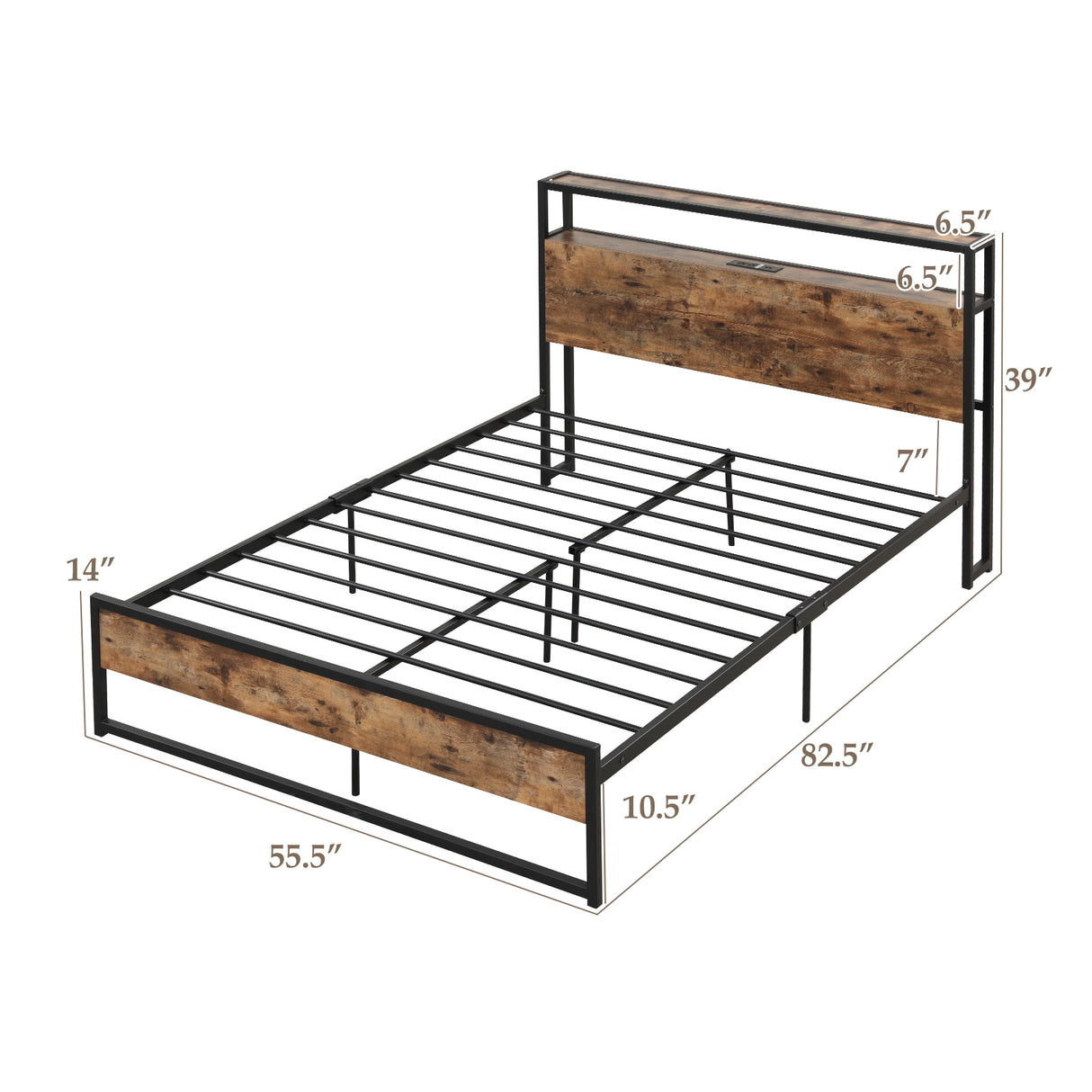 Full/Queen Bed Frame with 2-Tier Storage Headboard and Charging Station-Full Size