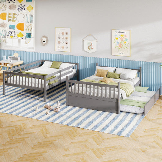 Full over Full Bunk Bed Platform Wood Bed with Ladder-Gray