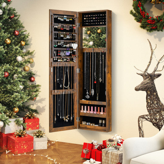 Full Length Mirror Jewelry Cabinet with Ring Slots and Necklace Hooks-Rustic Brown