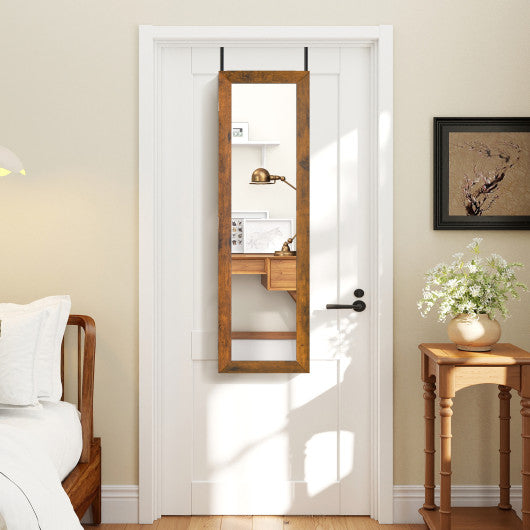 Full Length Mirror Jewelry Cabinet with Ring Slots and Necklace Hooks-Rustic Brown