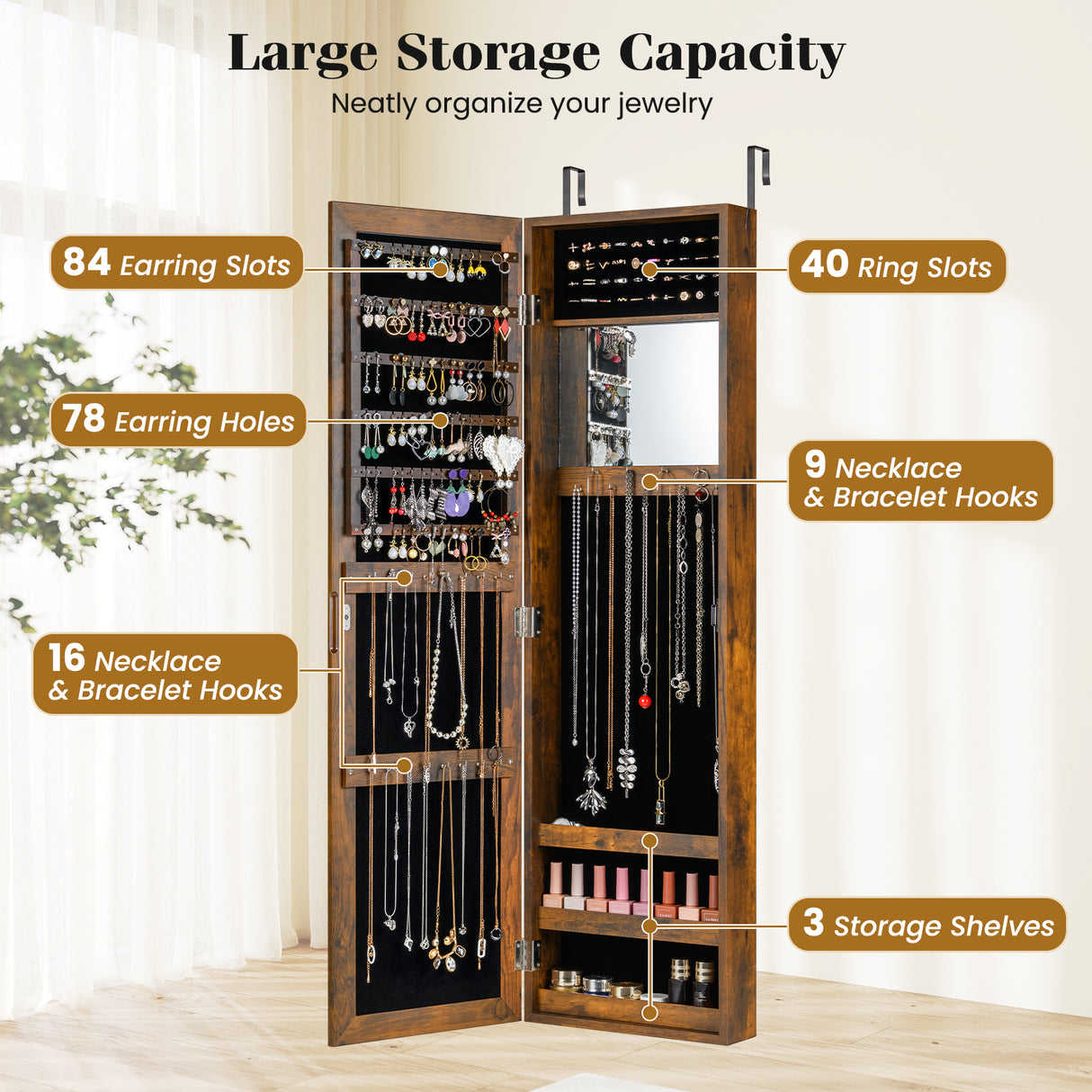 Full Length Mirror Jewelry Cabinet with Ring Slots and Necklace Hooks-Rustic Brown