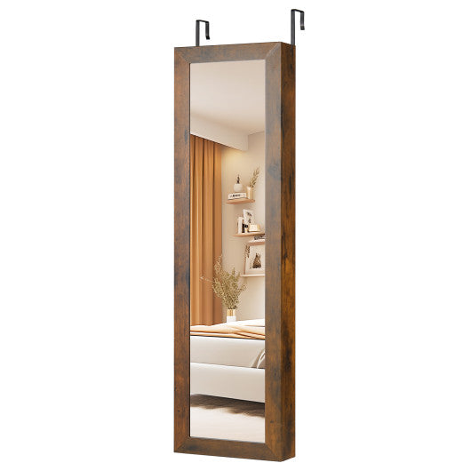 Full Length Mirror Jewelry Cabinet with Ring Slots and Necklace Hooks-Rustic Brown