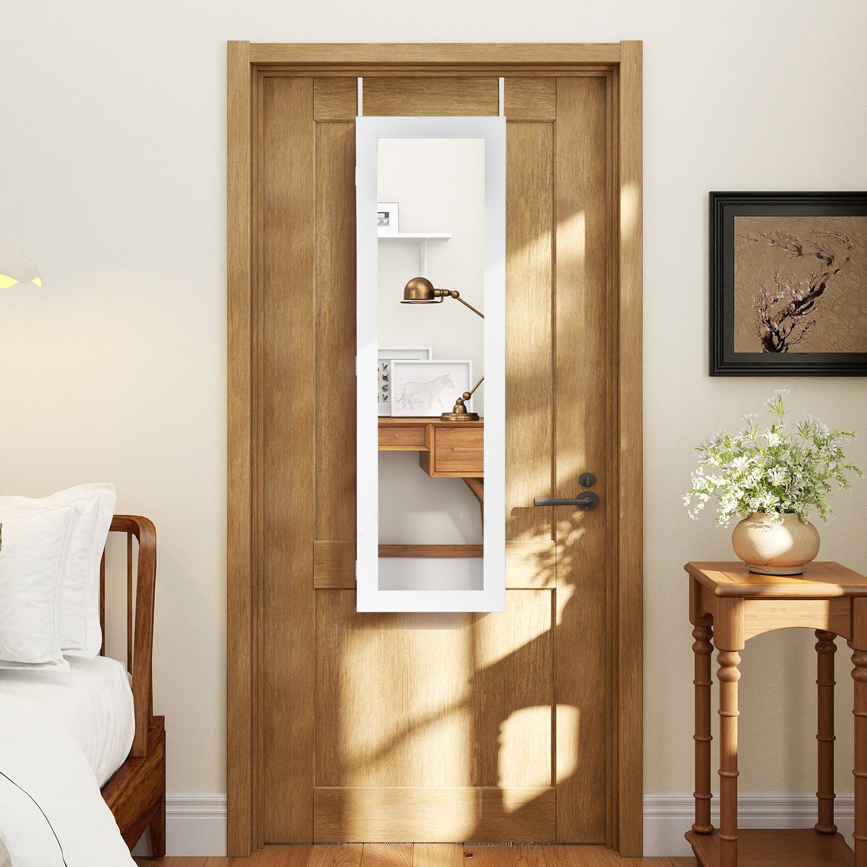 Full Length Mirror Jewelry Cabinet with Ring Slots and Necklace Hooks-Black