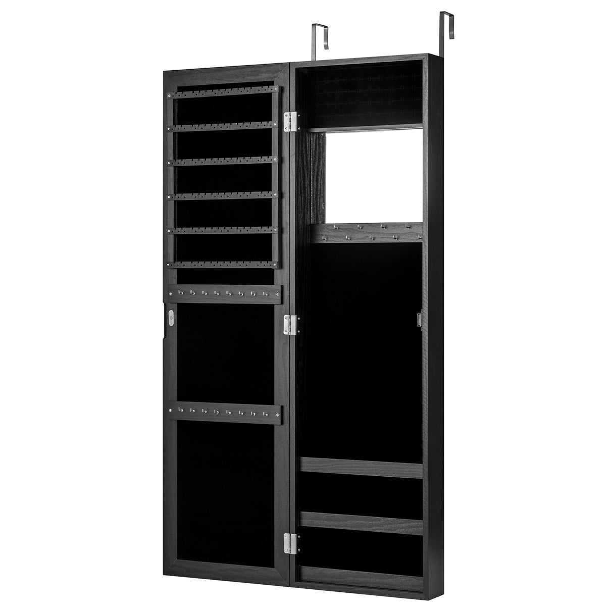 Full Length Mirror Jewelry Cabinet with Ring Slots and Necklace Hooks-Black
