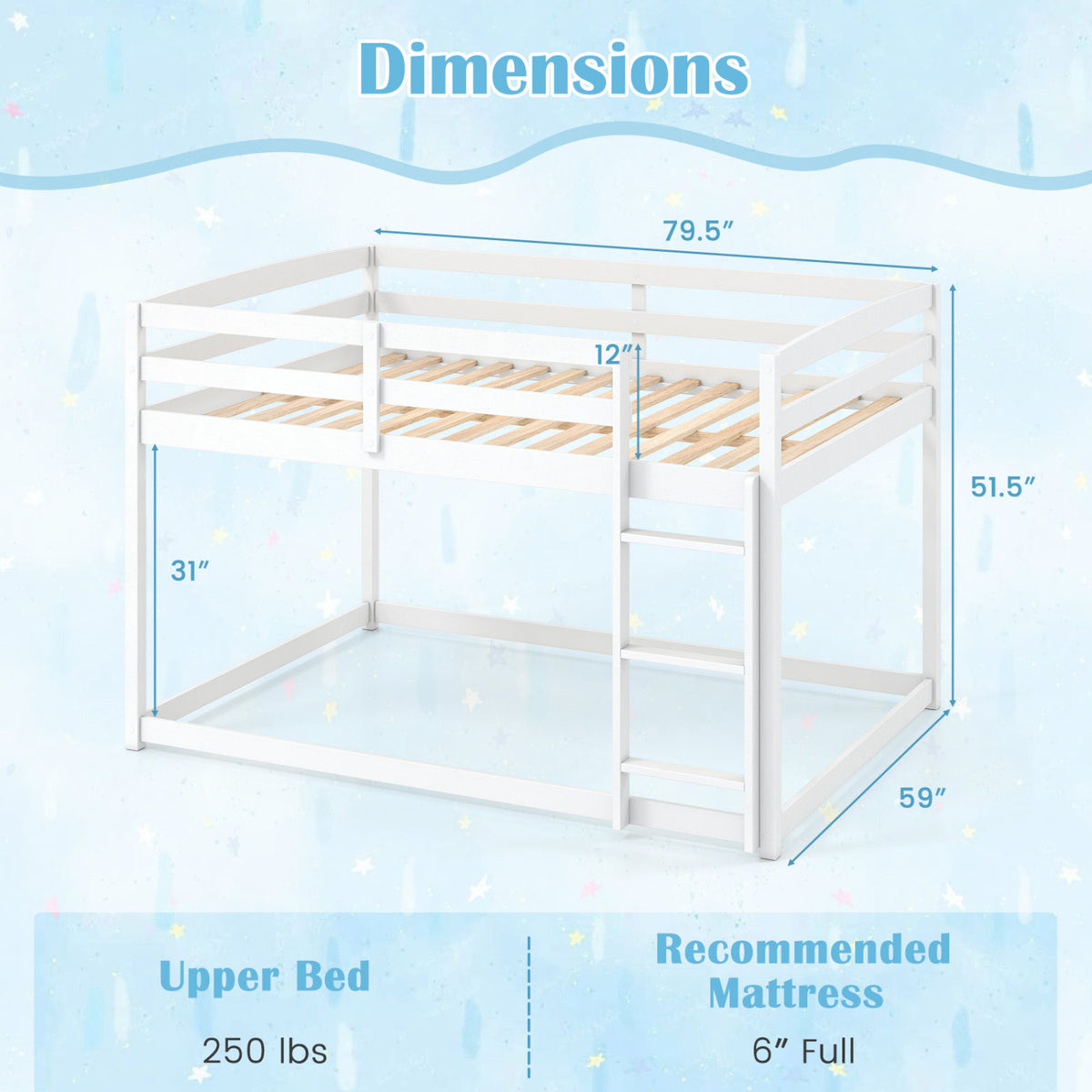 Full Over Full Bunk Bed with Integrated Ladder and Safety Guardrails Solid Wood-White