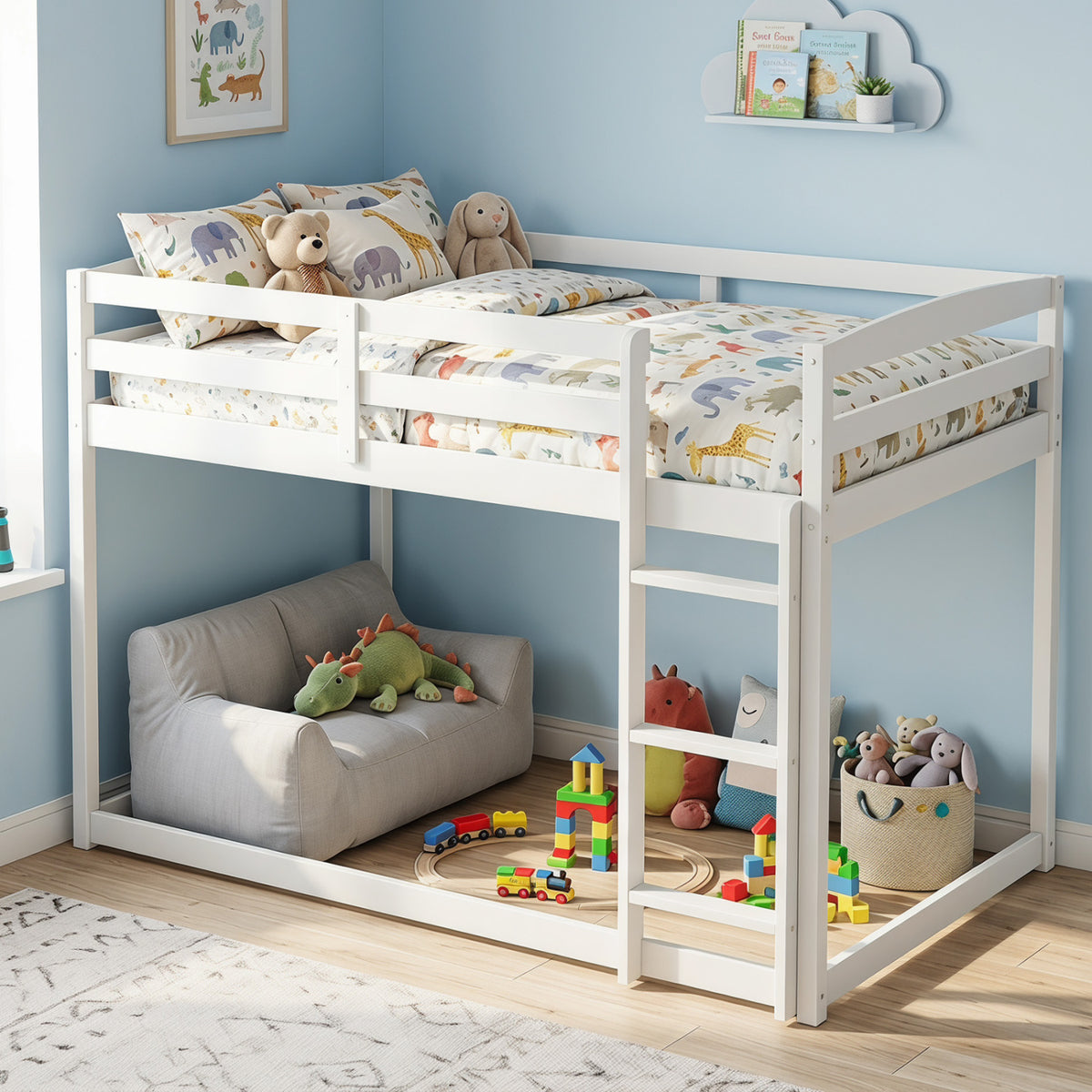 Full Over Full Bunk Bed with Integrated Ladder and Safety Guardrails Solid Wood-White