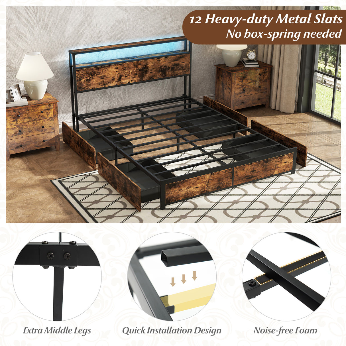 Full/Queen Size LED Bed Frame with Charging Station and 4 Storage Drawers-Queen