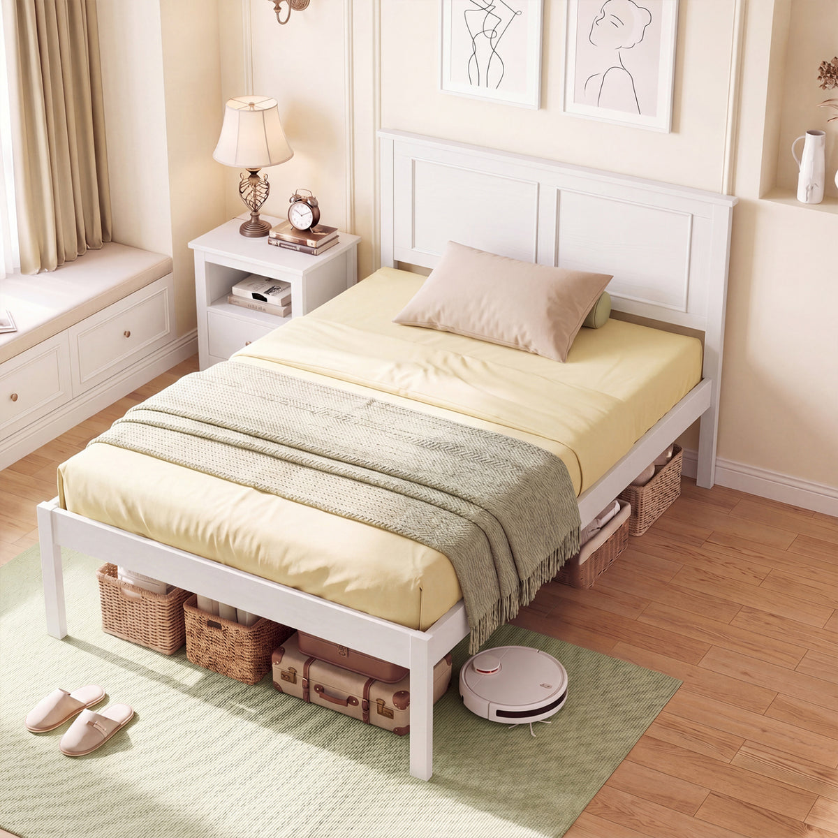 Full/Queen/Twin Size Bed Frame Farmhouse Wooden Platform Bed with Headboard White-Twin Size