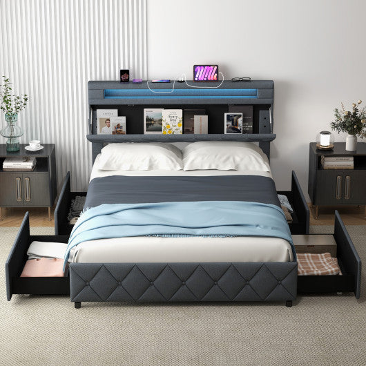 Full/Queen Size Bed Frame with Adjustable Storage Headboard and Wooden Slat Support-Full